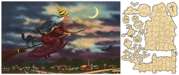 Black Cat Broomstick Ride Whimsical Puzzle